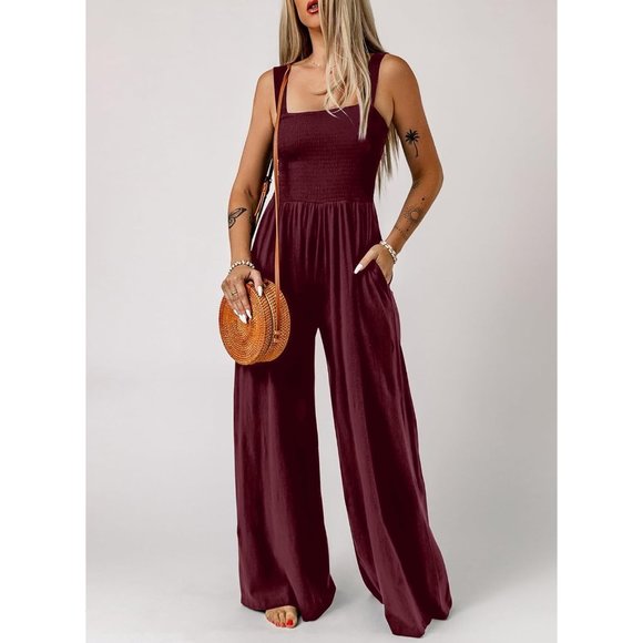 Women's Burgundy One Piece Sleeveless Wide Leg Long Pant Rompers With Pockets - Picture 4 of 6